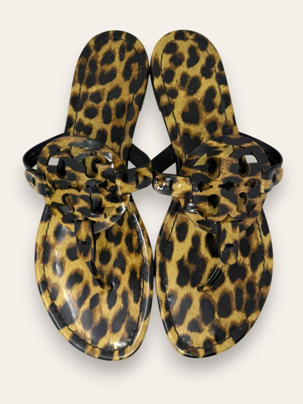 Tory Burch Patent Leather Leopard Miller Thong Sandal Brown Tan 10 Women’s